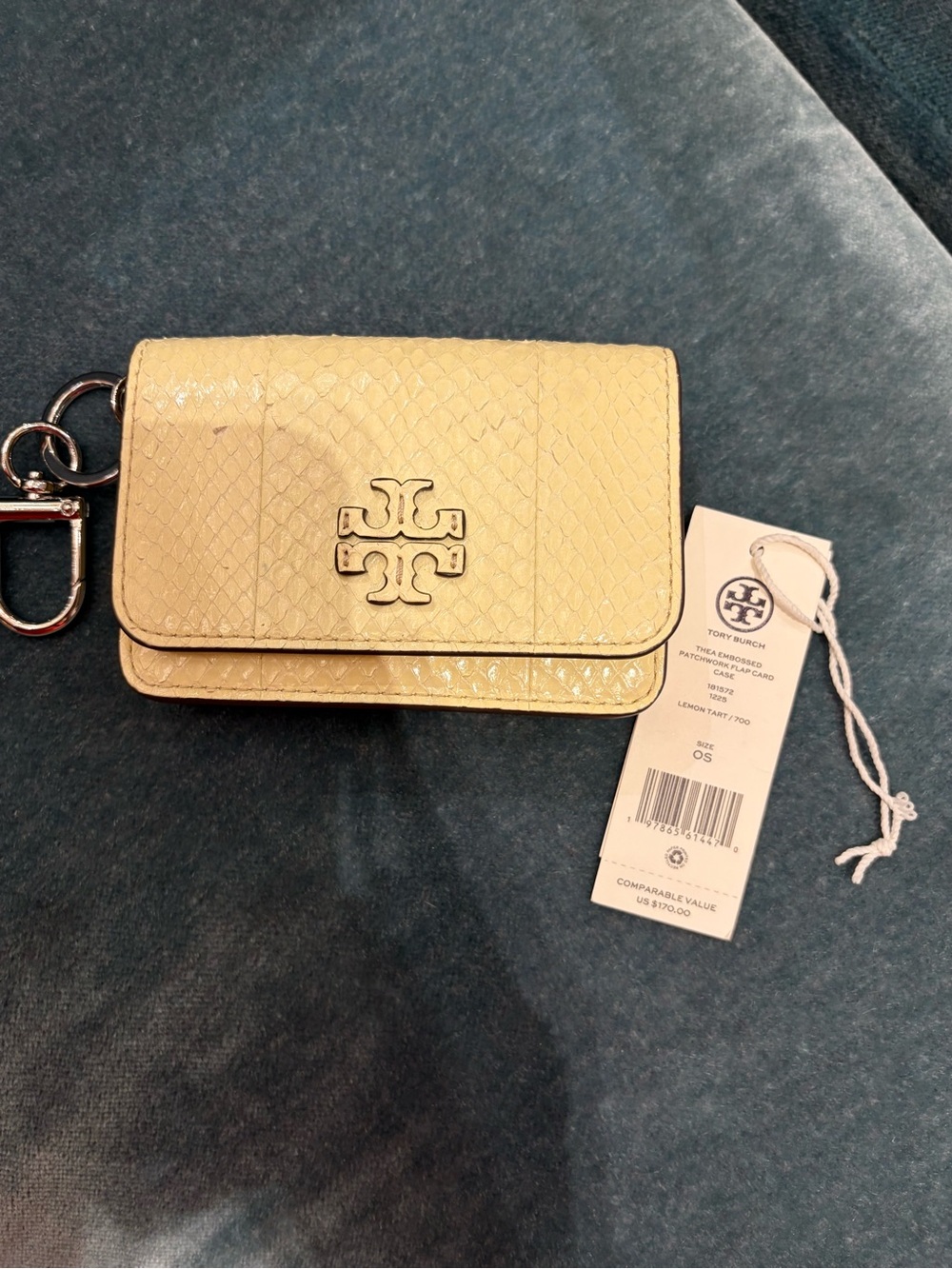 Tory Burch Lemmon yellow snake leather Thea flip card chain Case -ID holder